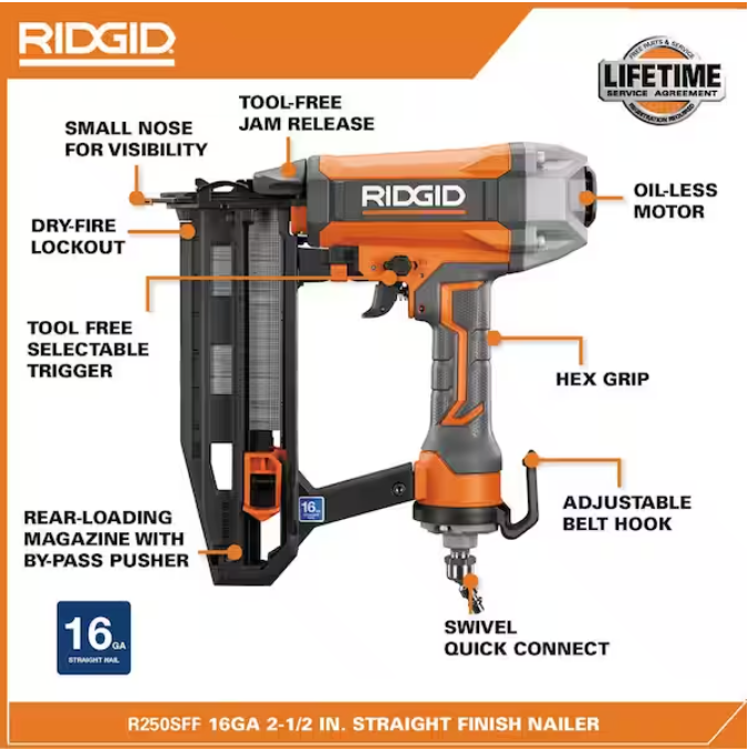 Air Powered Finish Nailer - 16 Gauge 2.5 Inch Straight