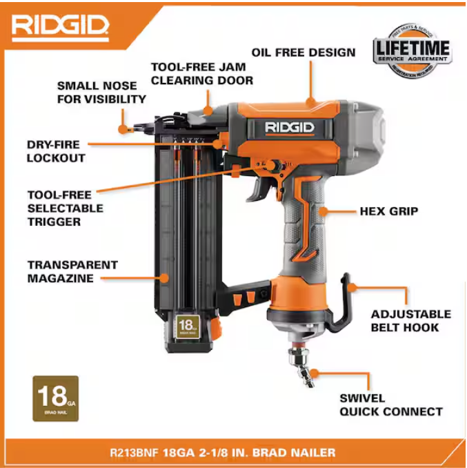Air Powered Brad Nailer - 18 Gauge 2.125 Inch Straight